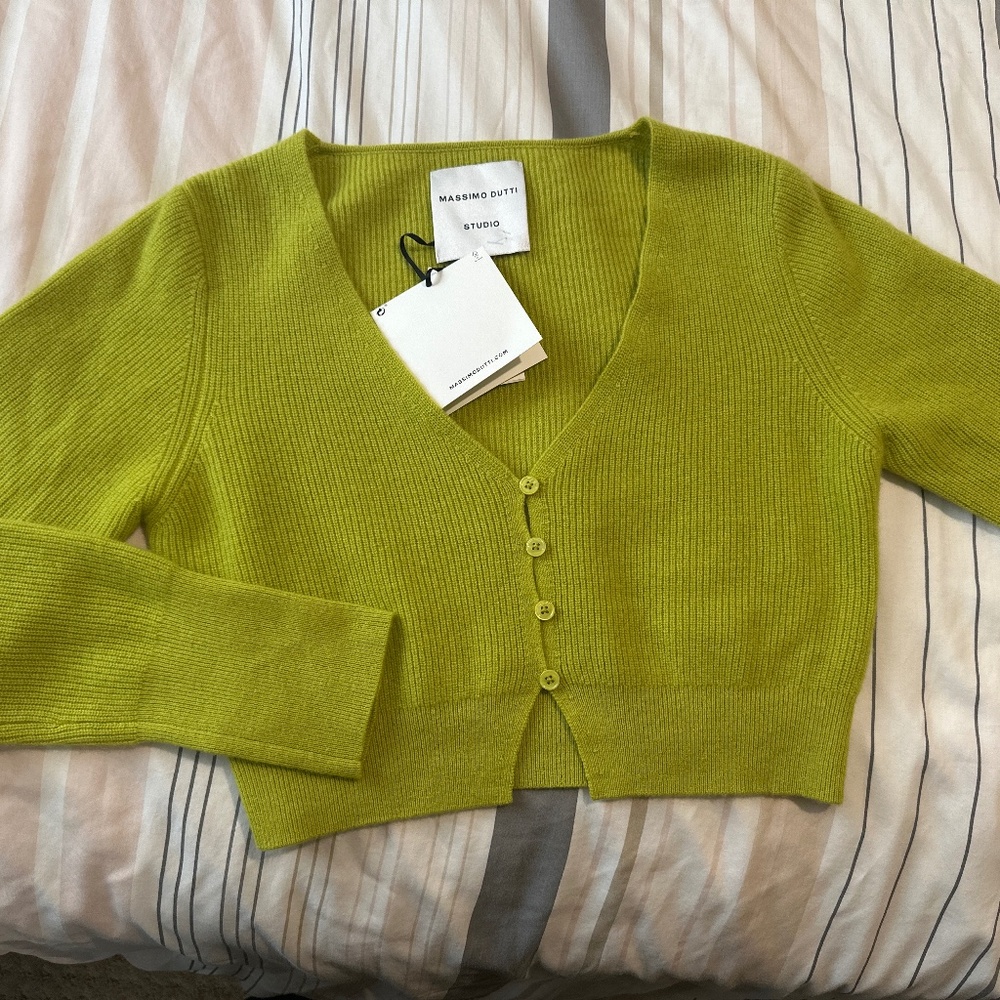 Massimo Dutti Cropped Knit Cashmere Lime Cardigan - Studio